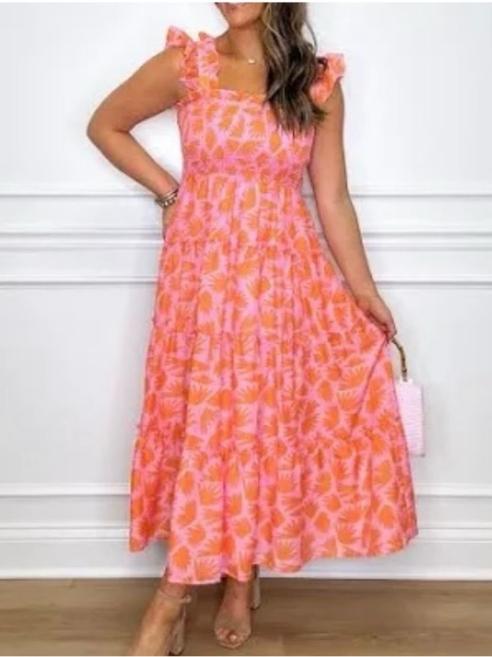 J. Marie White/Orange Ruffle Strap Midi Dress